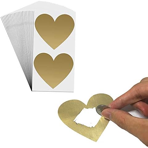 50 Pack, 3" Heart Scratch Off Stickers Labels - Gold Cover