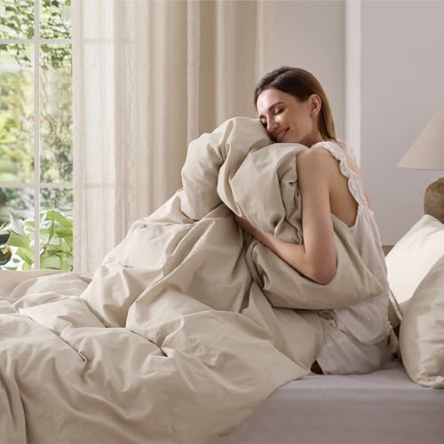 Bedsure 100% Washed Cotton Duvet Cover Oversized King - Oatmeal Minimalist Cotton Duvet Cover Linen Like for All Seasons - GentleSoft™ Plain Simple Bedding, Oatmeal, Oversized King, 120"x98"