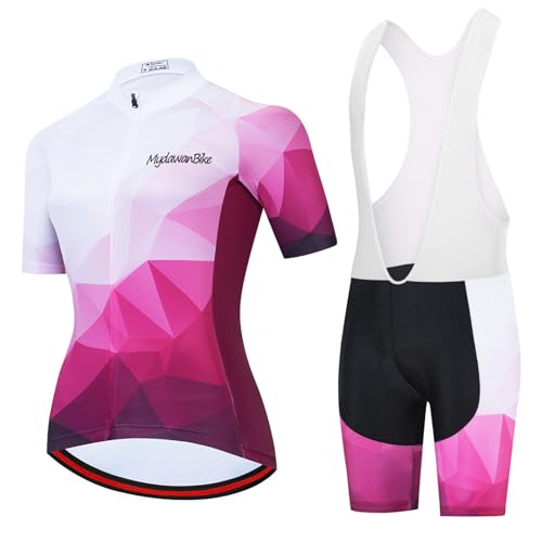 Conjunto Ropa Ciclismo Mujer Verano Traje Bici MTB,Maillot Ciclista Manga Corta Camiseta Ciclo y Culotte Tirantes con 19D Gel Acolchado,Completa Bicicleta Jerseys Transpirable Secado Ráido(15,L)