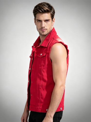 Image of Men's Sleeveless Ripped Denim Vest Casual Slim Fit Button Down Jeans Vests Jacket