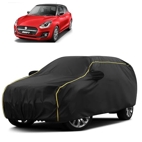 Image of Sulfar 100% Water Resistant Car Body Cover Compatible with Mirror for Maruti Suzuki New Swift (Triple Stitched, Full Bottom Elastic, Black Taffeta with Yellow Piping)