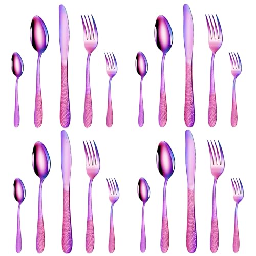 Image of aDai Hammered Rainbow Silverware Set | 20-Piece Premium Stainless Steel Flatware Set | Dishwasher Safe Cutlery Set for Home, Restaurant & Gifting