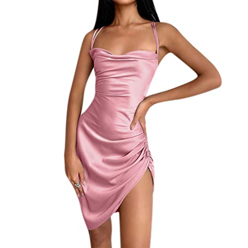 Image of JUMISEE Women Satin Ruched Lace Up Bodycon Mini Dress Sexy Backless Spaghetti Strap Party Dress for Cocktail Clubwear