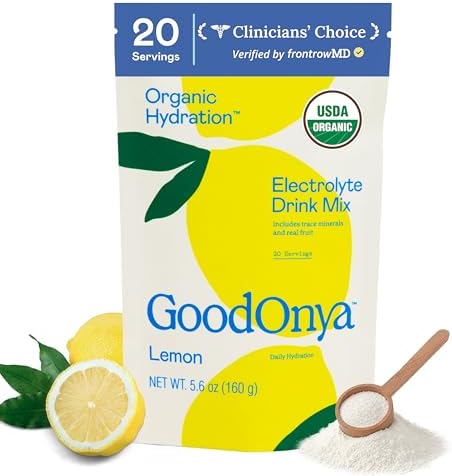 GoodOnya Organic Hydration Electrolyte Drink Mix, Certified Organic Hydration Powder, Non-GMO, Biochecked Glyphosate Free, Low Sugar, Lemonade Flavor, No Artificial Flavors, 20 Servings