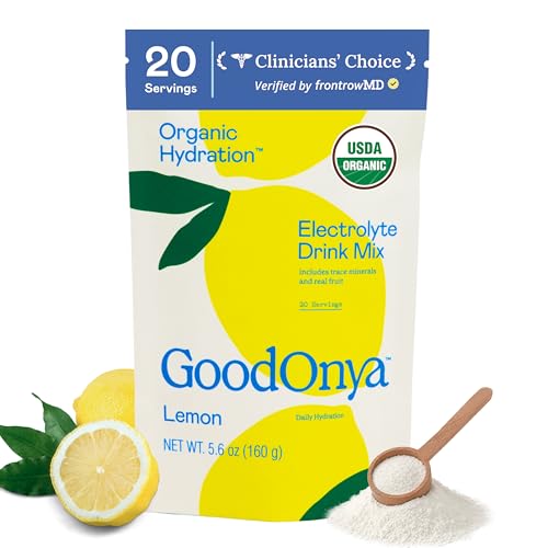 GoodOnya Organic Hydration Electrolyte Drink Mix, Certified Organic Hydration Powder, Non-GMO, Biochecked Glyphosate Free, Low Sugar, Lemonade Flavor, No...