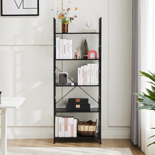 Image of DUMOS 5 Tiers Open Bookshelf, Classic Freestanding Tall Display Shelf, Multifunctional Storage Organizer Rack for Living Room Home Office, Sturdy Bookcase for CDs /Books /Movies, Modern Black