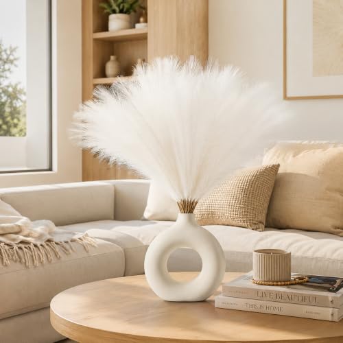 Image of Artificial Pampas Grass Set of 3 for Home Decor, Faux Fluffy Dried Flower Stems for Vase Decoration, Boho Table Centerpiece, Artificial Flowers for Living Room Bedroom Office Decor. (White)