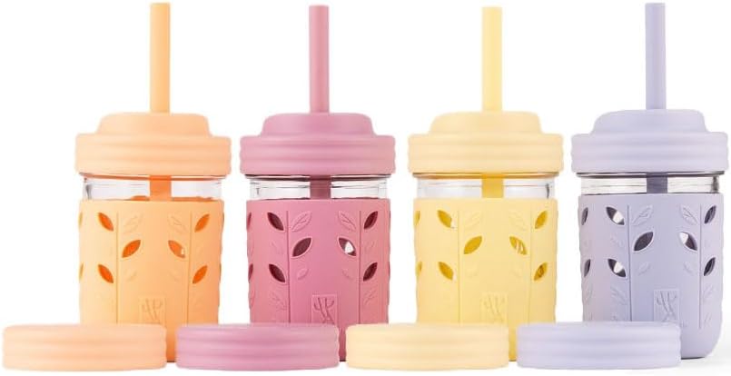 Elk and Friends Kids & Toddler Cups | The Original Glass Mason Jars 8 oz with Silicone Sleeves & Silicone Straws with Stoppers | Smoothie Cups | Spill Proof Sippy Cups for Toddlers | 4 Pack