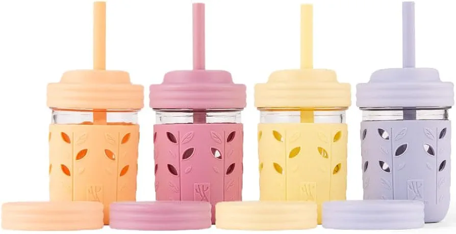 Elk and Friends Kids + Toddler Glass Cups | The Original 8oz Glass Mason Jar with Sleeves + Lids | Silicone Straws + Stopper | Smoothie Cup | Food Storage | Spill Resistant | Dishwasher Safe | 4 Pack