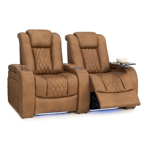 Image of Seatcraft Diamante Tawny Italian Leather Home Theater Seating, Zero Gravity Power Recliner Gaming and Home Office Chair, Powered Headrest Lounge Sofa Furniture for Cinema Room, Row of 2