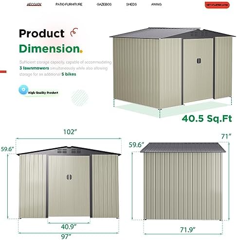 AECOJOY 8 x 6 Ft Outdoor Storage Tool Shed with Sliding Door, Metal Garden Shed for Yard, Clearance in Grey