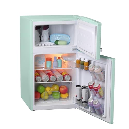 West Bend Mini Fridge with Freezer for Bedroom, Office, Bar or Dorm Room, Retro Compact Refrigerator features Glass Shelves, Manual Defrost and Adjustable Temperature Control, 3.1-Cu.Ft., Green