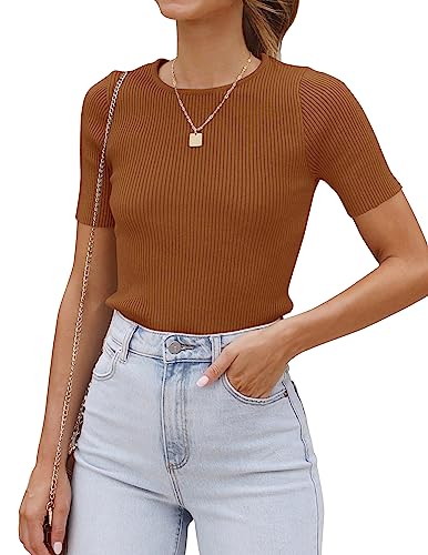 Image of ZESICA Women's Short Sleeve Sweater Tops 2026 Summer Crewneck Basic T Shirt | Business Casual Outfits, Solid Color Ribbed Knit Tee, Slim Fitted, Soft Skin Friendly, Going Out Top, Cute Dressy Blouse