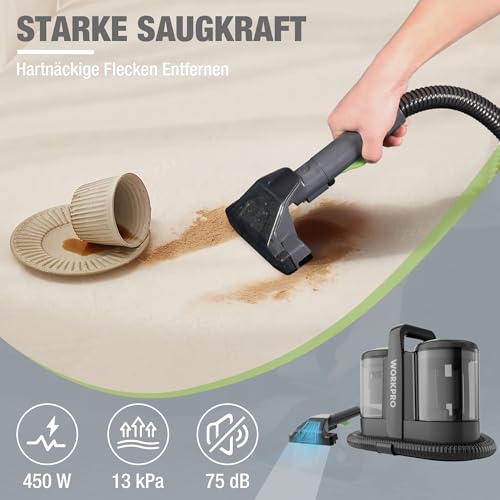 WORKPRO Waschsauger 450W 13kPa, Teppichreiniger 1,6L mit Reinigungsmittel und 2 Bürstenköpfe, Polsterreiniger Sofareiniger für Teppich, Sofa, Auto