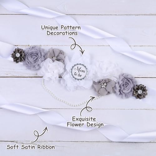 Image of Gray and White Gender Reveal Maternity Sash Kit, Sliver White Baby Shower Belly Belt and Mom to Be Dad to Be Corsage Pins, New Parents Pregnancy Announcement Photo Props Party Supplies