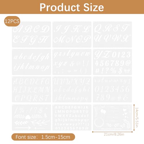SLIAXINT 12 PCS Buchstaben und Zahlen Schablonen Set Buchstaben Schablonen groß 21x14cm mit 1,5 – 15 cm Schriftgröße Malschablonen Buchstabenschablonen aus PET als mal Schriftschablone für DIY Basteln