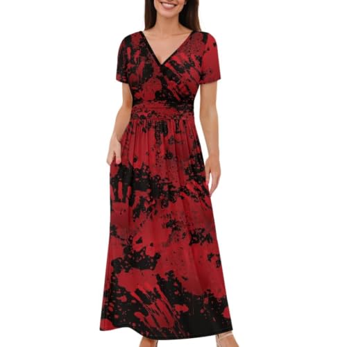 Image of Women's Fall Summer Short Sleeve Ankle Length V-Neck Party Dress with Pockets Size S-3XL