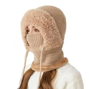 Youkly Bonnet 3 en 1 pour femme, bonnet d'hiver chaud tricoté avec écharpe et masque facial, cagoule en tricot coupe-vent pour l'extérieur, le ski, la randonnée, cadeau d'hiver, kaki, Taille unique
