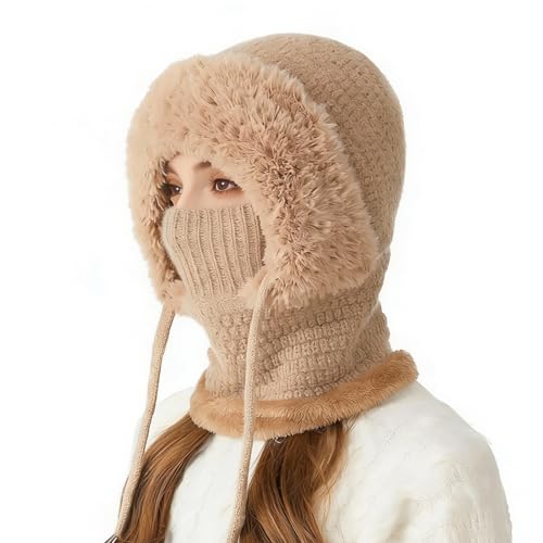 Youkly 3 in 1 Beanie Mütze für Damen, Winter Warme Strickmütze mit Schal & Gesichtsmaske, Frauen Strick Sturmhaube Winddicht Wintermütze für Outdoor Skifahren Wandern Winter Geschenk, khaki