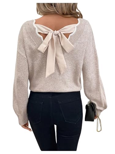 GORGLITTER Women's Bow Fall Sweaters 2025 Cable Knit Chunky Oversized Long Sleeve Backless V Neck Pullover Tops Apricot Binding Medium