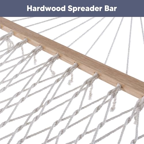 Image of SUNCREAT 2 Person Hammock with Hardwood Spreader Bar, Outdoor Rope Hammock with Polyester Pad, 475 lbs Capacity, Blue Stripes