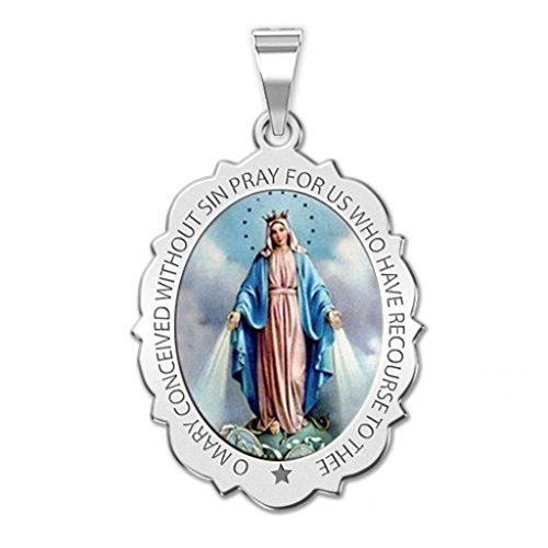 PicturesOnGold.com Miraculous Medal Scalloped Oval - 1 2 Inch X 2 3 Inch - Sterling Silver