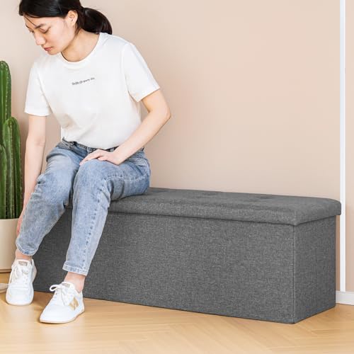 PINPLUS Folding Storage Ottoman Bench, Grey Linen Long Ottoman Chest Foot Rest Stool with Padded Seat, Chest with Tray, Bedroom Bench with Storage, 43.3inches - Thumbnail 2