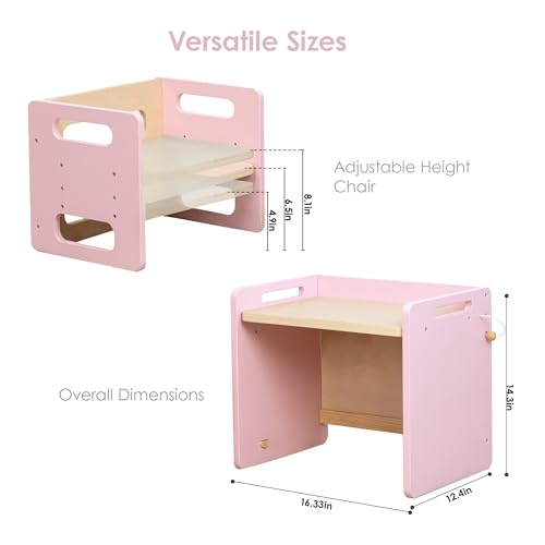 Image of Montessori Weaning Table and Chair Set, Adjustable Toddler Table, Pink | Adjustable Wooden Design for Meals, Learning, Play, and Everyday Routines