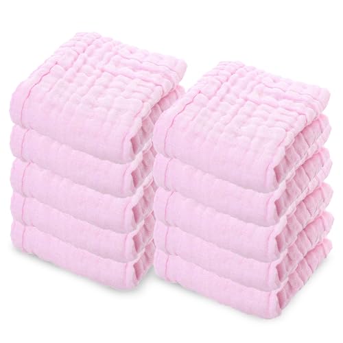 Image of Dream Picks 10 Pack Soft Muslin Unisex Baby Washcloths for Daily Use, 100% Cotton Set for Delicate Skin. Soft and Super Absorbent, Newborn Baby Essentials and Baby Registry,12x12 Inches (Pink)
