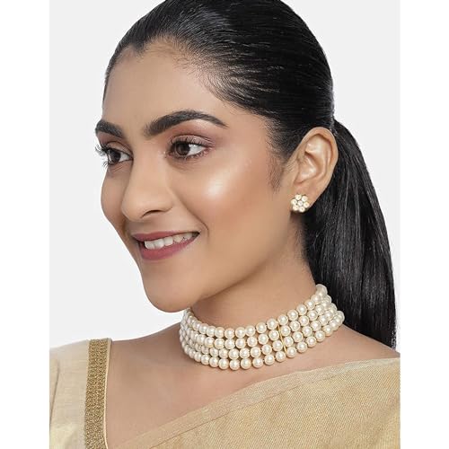 Image of Peora Crystal Faux Pearl Kundan Necklace & Jewellery Set Gift for Women