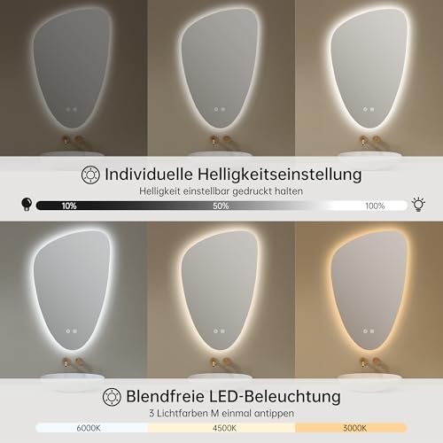 OUMUSU Spiegel mit Beleuchtung Asymmetrischer LED Badspiegel 50 x 78 cm mit Touch-Schalter, Dimmbar 3 Lichtfarbe Einstellbare, Beschlagfrei Badezimmerspiegel mit Beleuchtung, Bruchsicher 5