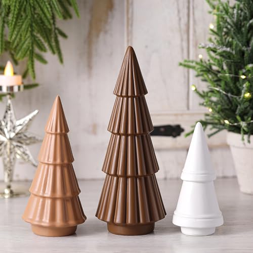 Pinkunn 3 Pcs Neutral Christmas Tree Figurines,Minimalism Resin Christmas Tree Ornament Tabletop,Modern Matte Xmas Trees Table Centerpiece for Home Winter Mantel Indoor Holiday Decoration(Brown)