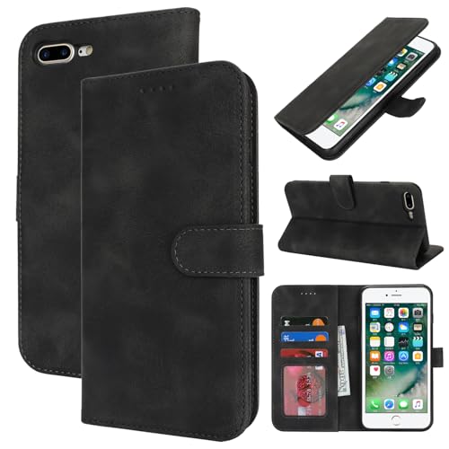 Zouzt Hülle für iPhone 8 Plus / 7 Plus 5,5-Zoll, Stoßfestes PU Leder Handyhülle Lederhülle Klapphülle mit Kartenhalter & Standfunktion Flip Leather Wallet Phone Cover (Vintage Schwarz)