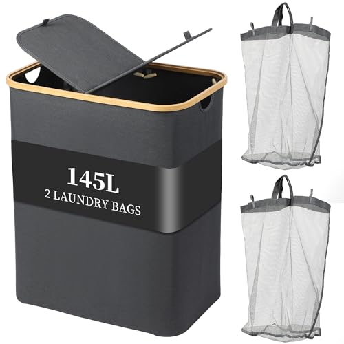 EDWINENE Laundry Basket with Lid, 2 Compartments, 145 L Laundry Hamper with Bamboo Handle & Removable Laundry Bag, Foldable Laundry Bin with Lid, Clothes Hampers (Dark Grey)