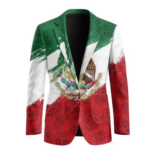 Ocxbuir Mexican Flag Men's Blazer Slim Fit 1-Button Notched Lapel Casual Work Suits with Flap Pocket for Festival Show Size L