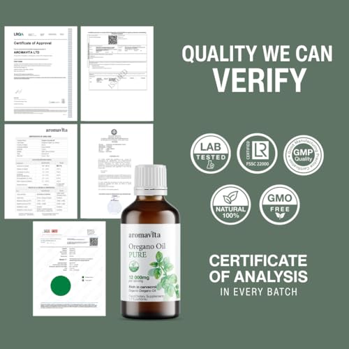 AROMAVITA Organic Oil of Oregano-100% Pure Undiluted Greek Oregano Oil with Carvacrol - Over 86%-Immune Support Herbal Supplement - Non-GMO, Extra Strength Organic Liquid Drops, 1.7 FL.OZ/50ml - Thumbnail 7