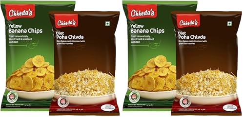Image of Chheda's - Yellow Banana Chips (350Gm) and Diet Poha Chivda (300 Gm) | Banana Wafers | Indian Namkeen | Tasty Snacks - Combo Pack (Pack of 2)