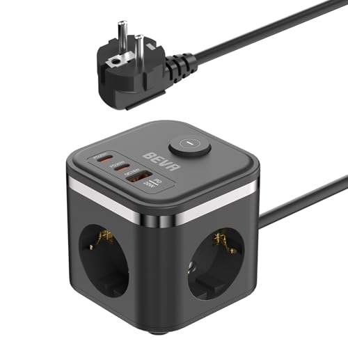 Regleta Enchufe Cubo, BEVA Ladron Enchufe con 2 USB C(20W) y 1 USB A(18W), 3 Tomas de AC, Enchufe Multiple con Interruptor para Oficina, Habitación y Viajar, 1.5M Cable