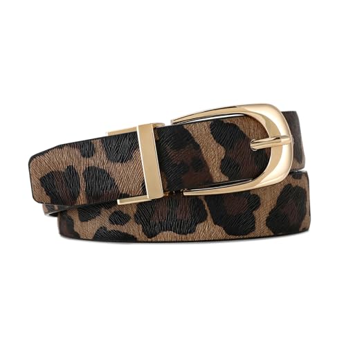 Women Leather Belt Fashion Leopard Print Faux Leather Waist Belts with Gold Buckle For Jeans Dress