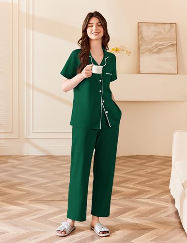 Image of Ekouaer Women's 100% Cotton Pajamas Set Short Sleeve Button Down Pjs 2 Piece Soft Sleepwear with Long Pants Lounge Set