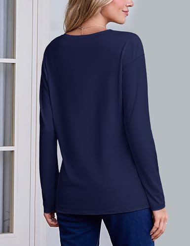 YUCOLEN Long Sleeve Shirts for Women Fall V Neck T Shirts Casual Solid Color Loose Fit Basic Tees Breathable Tops4