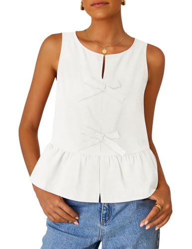 ZESICA Women's Summer Sleeveless Tank Tops Crewneck Tie Front Loose Flowy Ruffle Peplum Babydoll Blouses,White,Medium