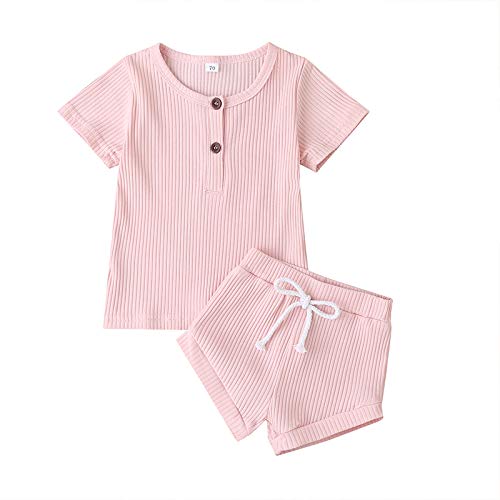 Baby Girls Boys 2 Pieces Shorts Set, Solid Color Short Sleeve Top&Shorts Two Pieces Outfits, Infant Ribbed Knit Clothing (S Pink, 12-18 Months)