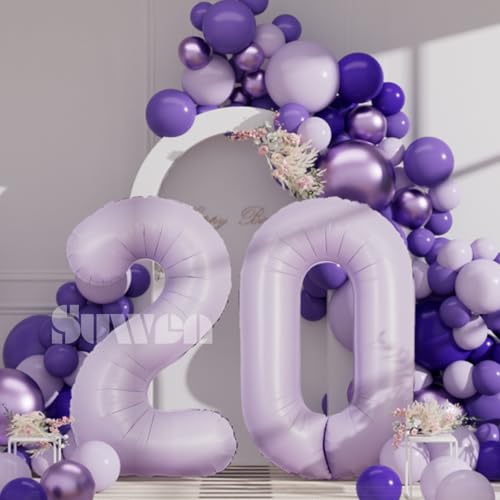 Image of SUWEN 40 Inch Light Purple Lavender Big 20 Balloon Number Foil Helium 0-9 | 20th Large Giant Huge Mylar Jumbo Happy Birthday Party Anniversary Decorations