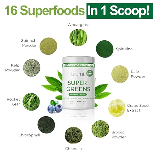 Teami Greens superfood powder for Digestive Health & Immune Support, Nutrition Greens Powder to support Gut Health and Weight Management, Juice & Smoothie Mix with 16 superfood Ingredients, 32 Serving
