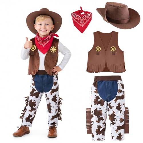 Vicloon Deguisement Costume de Cowboy avec Bandana Rouge, Pantalon, Gilet et Chapeau, Déguisement Cowboy Enfant Garcon, Bébé Garçon Déguisements Cowboys Costume pour Carnival Halloween Noël