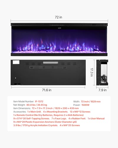 Image of VEVOR 72 inch Electric Fireplace, Three-Sided Glass Wall Mounted Recessed Fire Place with Remote Control, Timer, 1500W, Adjustable Flame Color Brightness,Overheat Protection, for Living Room,Bedroom