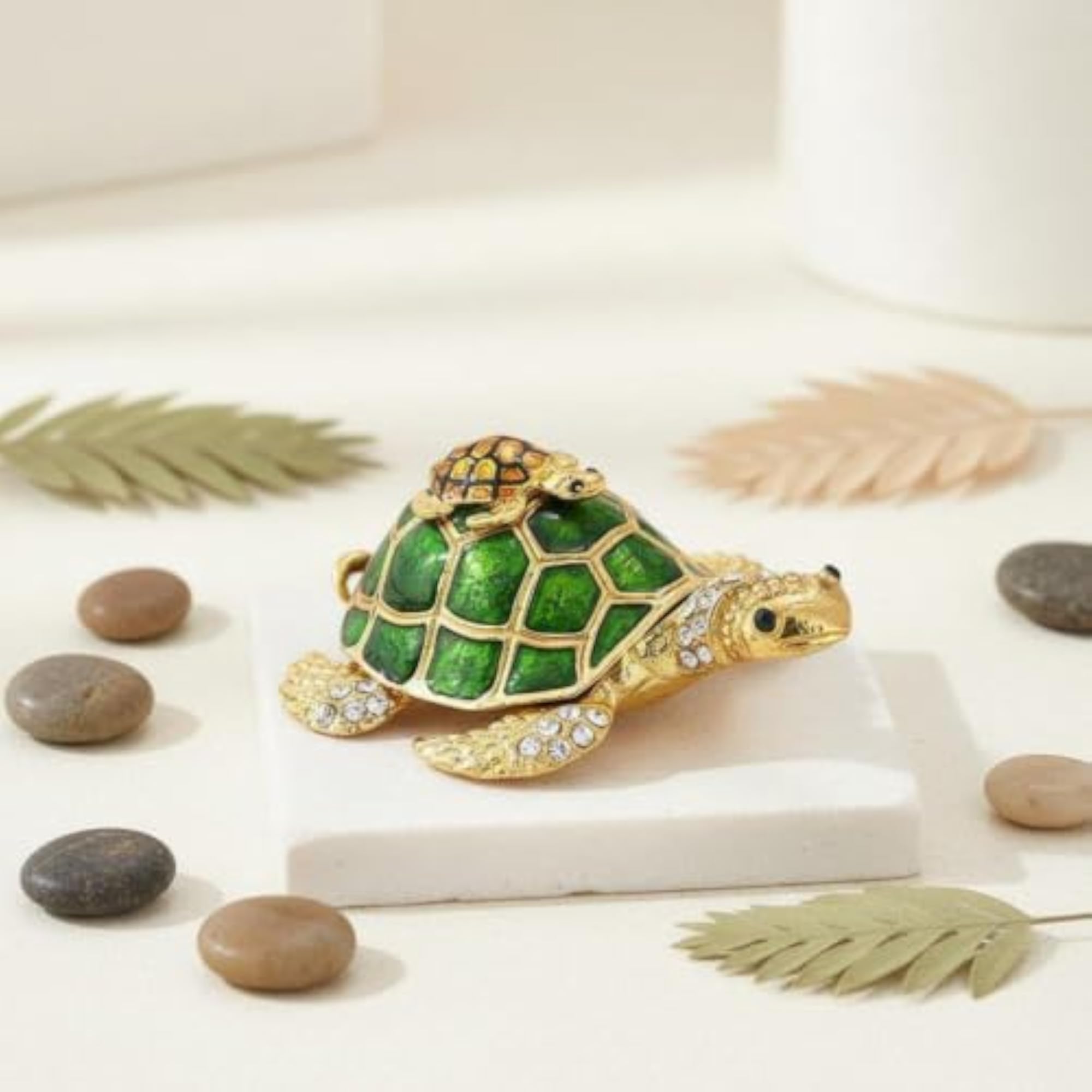 Hand-Painted Enamel Mother and Child Tortoise Box