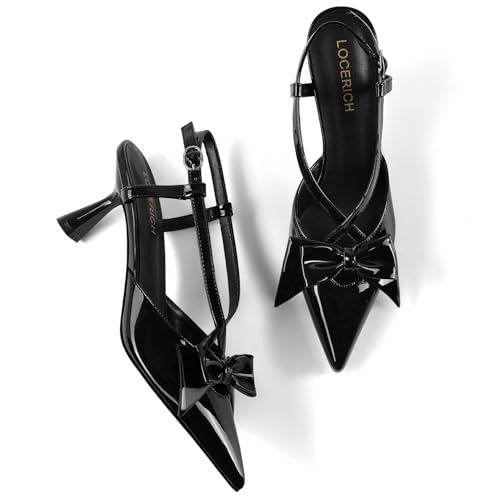 Image of LOCERICH Women's Kitten Heels Slingback Low Heel Bow Closed Toe Pumps | Kitten Heel for Bridal Wedding Party Dress Shoes