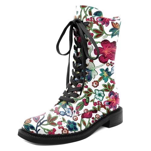 SAMMITOP Women's Ankle Bootie Lace up Mid Calf Combat Boots Chunky Low Heel Square Toe Zipper Boots Fashion Dress Shoes 1.4 Inch